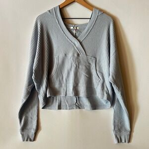 Three Dots Waffle Knit Long Sleeve Top Small Blue Soft Thermal Lounge Pullover